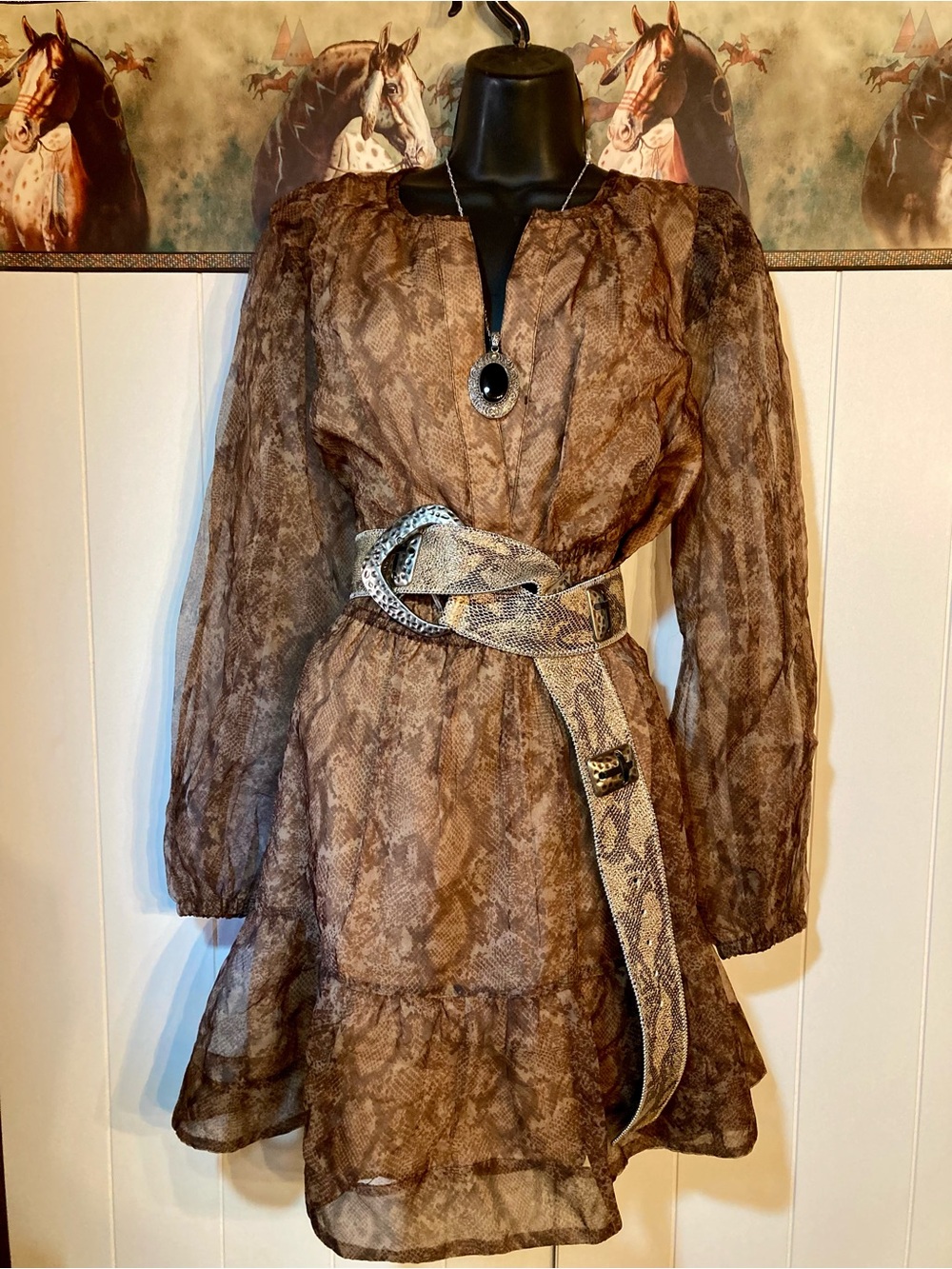 Anthropologie- Brown Snakeskin-Print Long Sleeve Dress